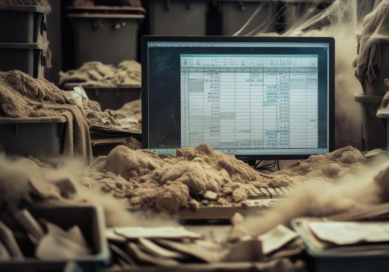 spreadsheet displayed on a computer monitor, showing aged and cluttered data